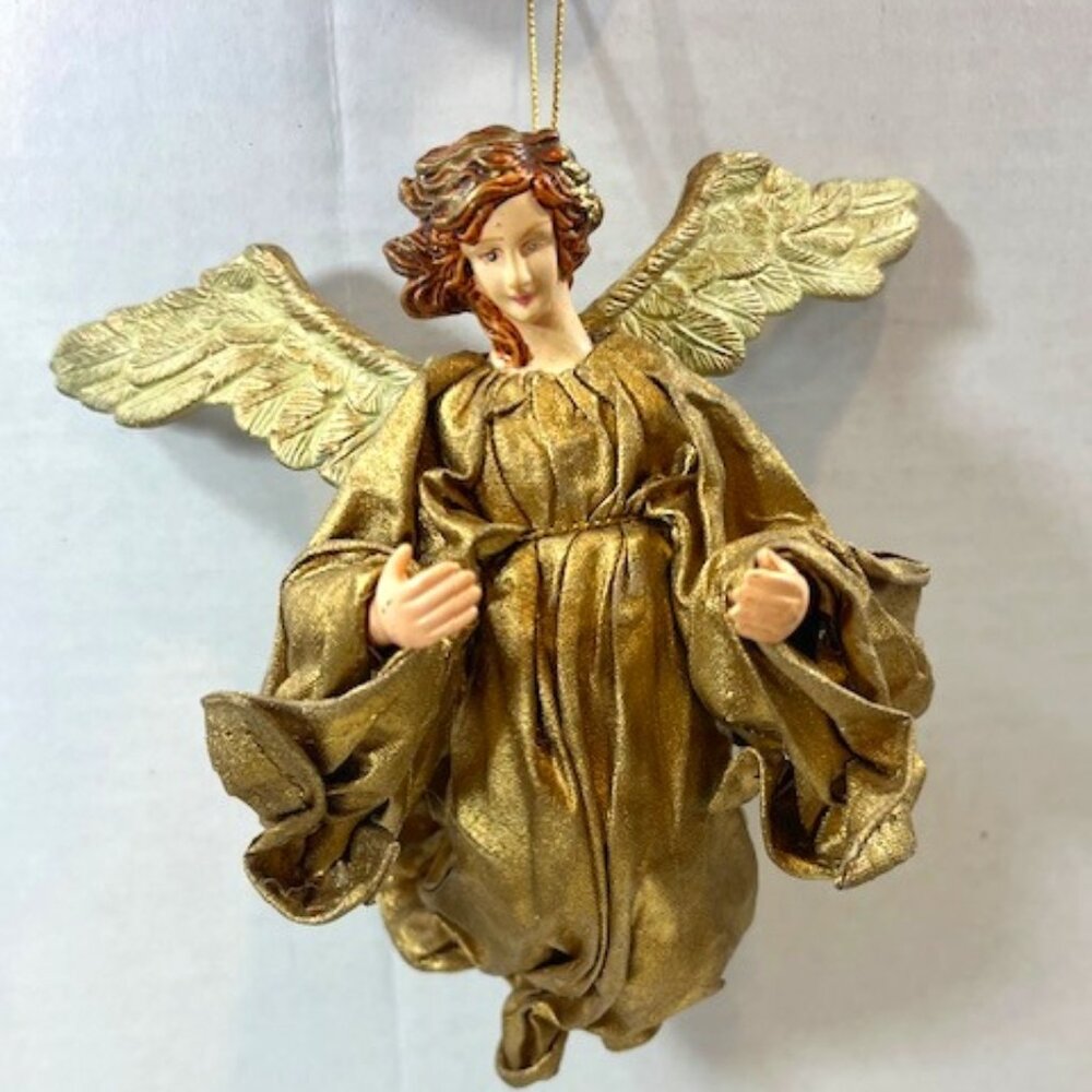 VTG Red Haired Guardian Angel Gold Gown Hanging Holiday Christmas Ornament 6"